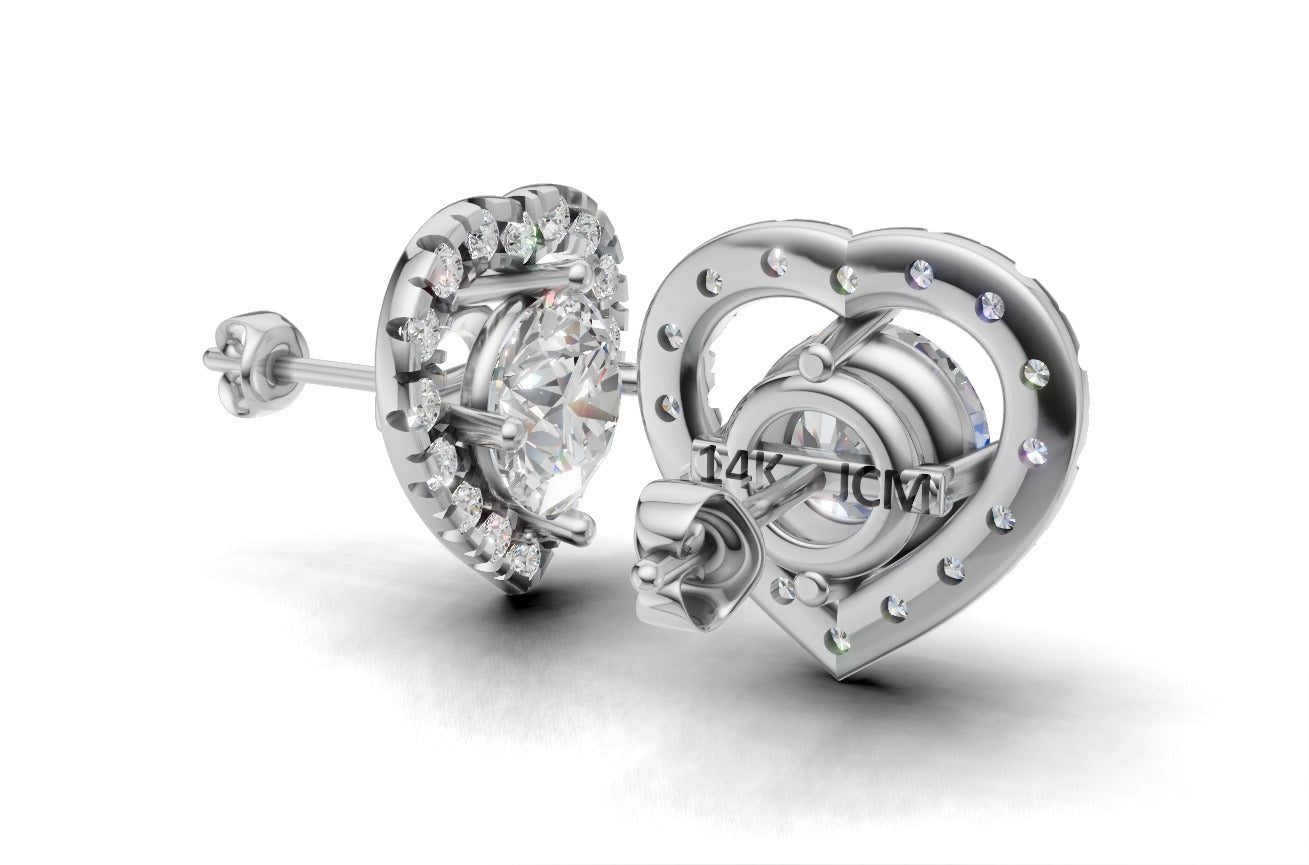 14k Gold Earrings Heart with 34 Diamonds, "STT: 4-Prong", Push Back, Cut Split