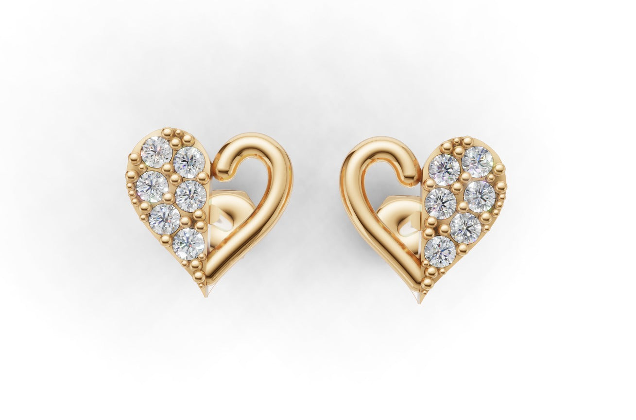 14k Gold Earrings Hearts with 12 Diamonds, "STT: Prong", Push Back