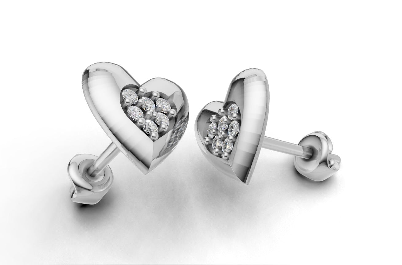 14k Gold Earrings Heart with 12 Diamonds, "STT: Prong", Push Back
