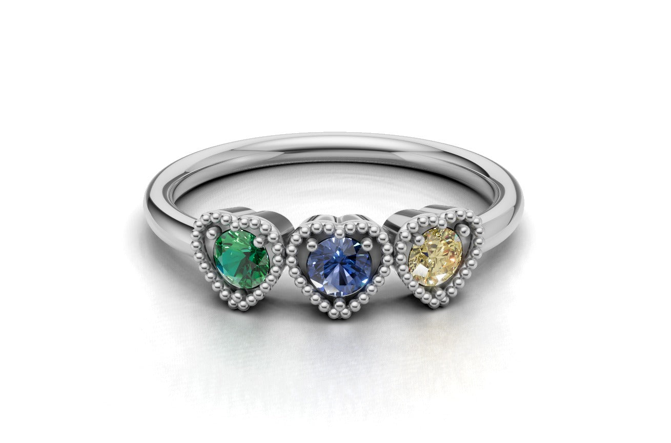 14K Gold Ring Heart with 3 Stones, STT: 3-Prong, Filigree