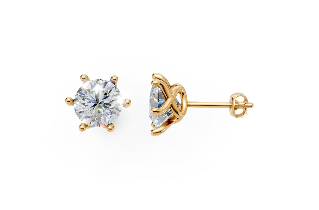 14k Gold Earrings Solitaire with 2 Diamonds, "STT: 6-Prong", Push Back
