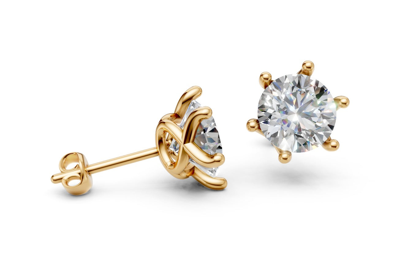 14k Gold Earrings Solitaire with 2 Diamonds, "STT: 6-Prong", Push Back