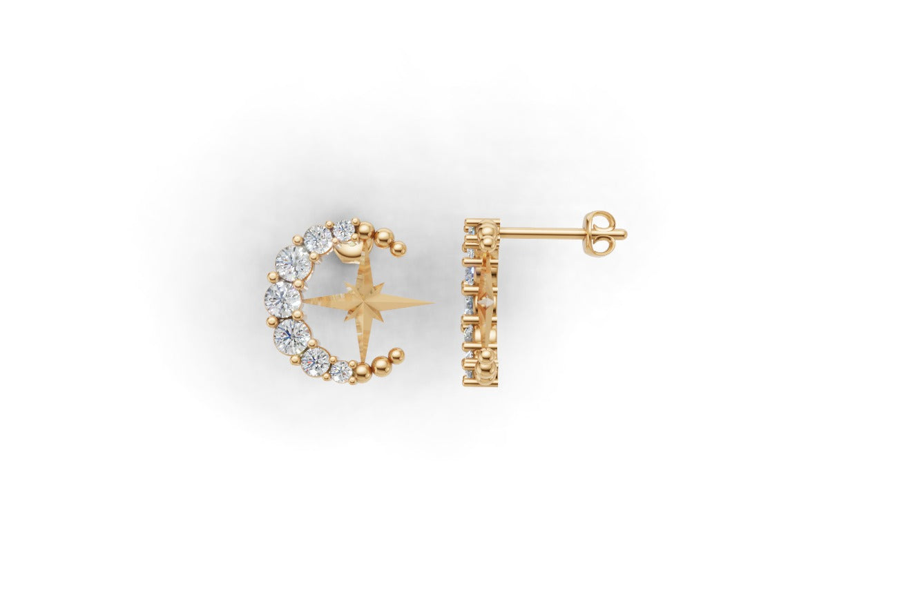 14k Gold Earrings Moon and Star with 14 Diamonds, "STT: Prong", Push Back
