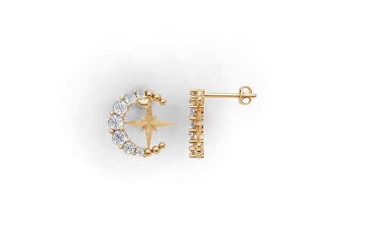14k Gold Earrings Moon and Star with 14 Diamonds, "STT: Prong", Push Back