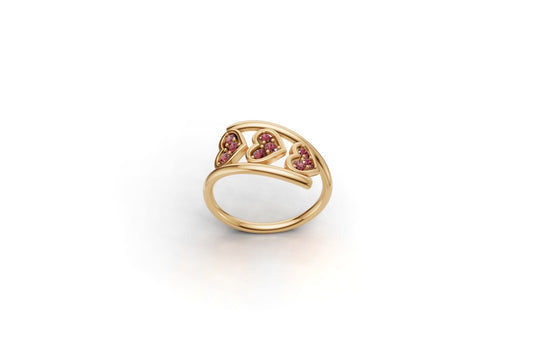 14K Gold Ring Hearts with 9 Ruby, STT: Prong