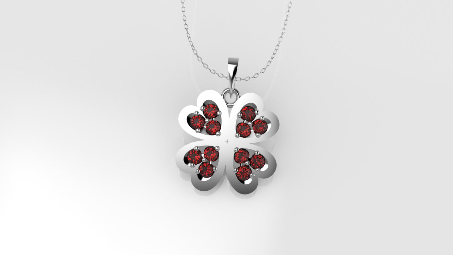 Gold Pendant with 12 RUBY 1.3 mm each, Only Pendant, " four Hearts with 2 Prongs"