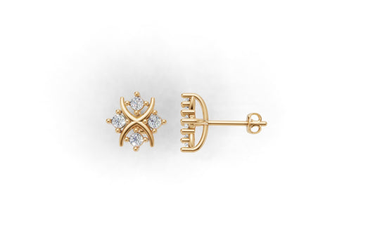 14K Gold Earrings Star with 8 Diamonds, "STT: 4-Prong", Push Back