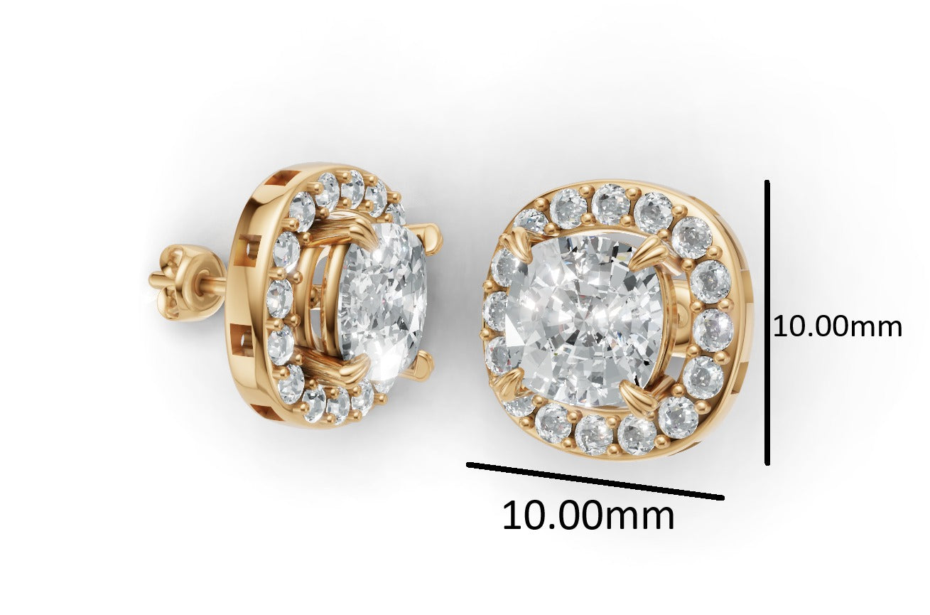 14k Gold Earrings Cushion with 34 Diamonds, "STT: 4-Prong", Push Back