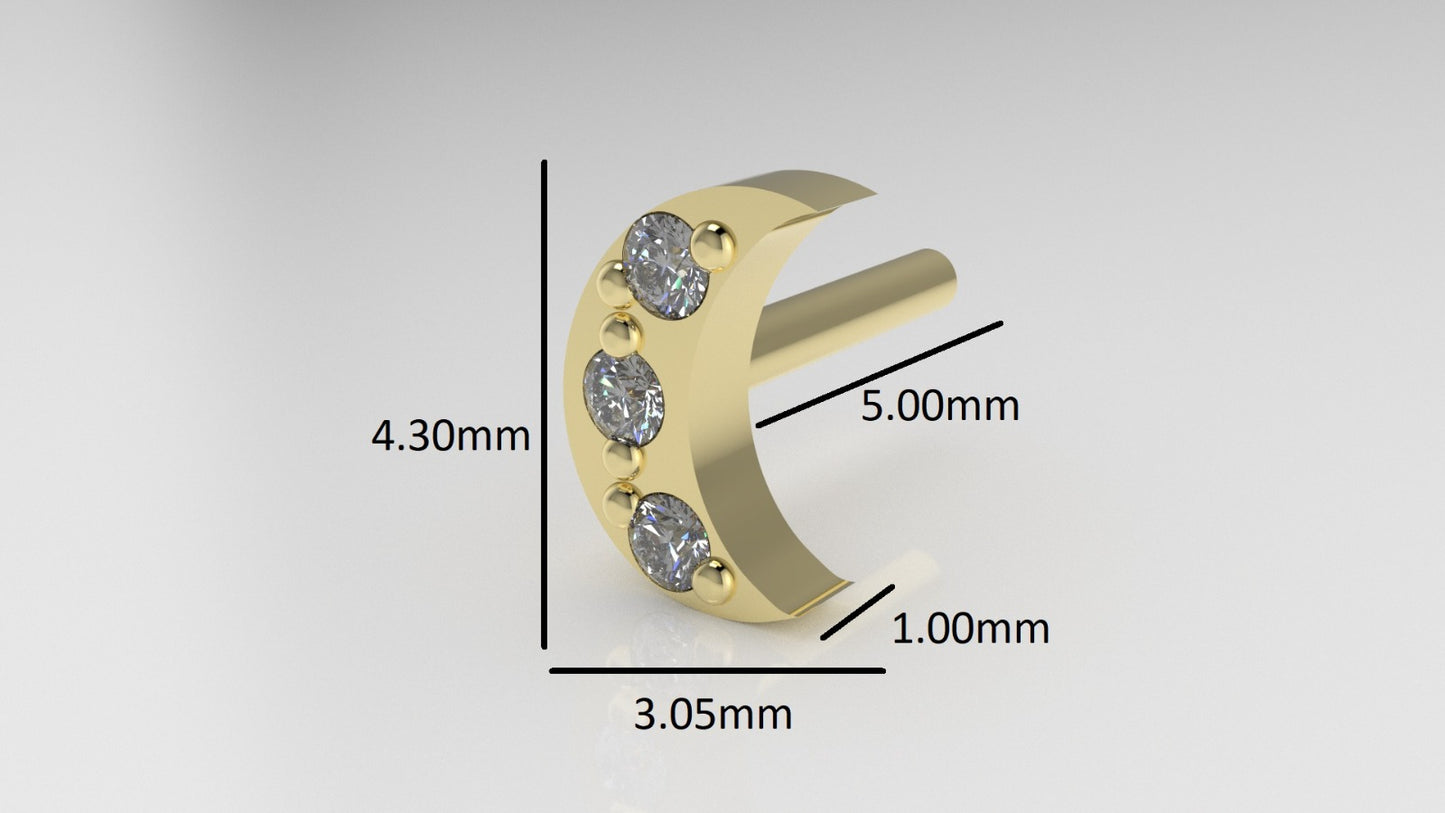 14K Ear Piercing with 3 Diamonds, Moon with prongs
