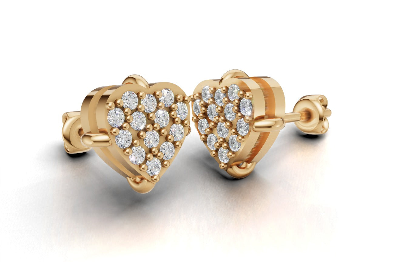 14k Gold Earrings Heart with 26 Diamonds, "STT: Prong", Push Back