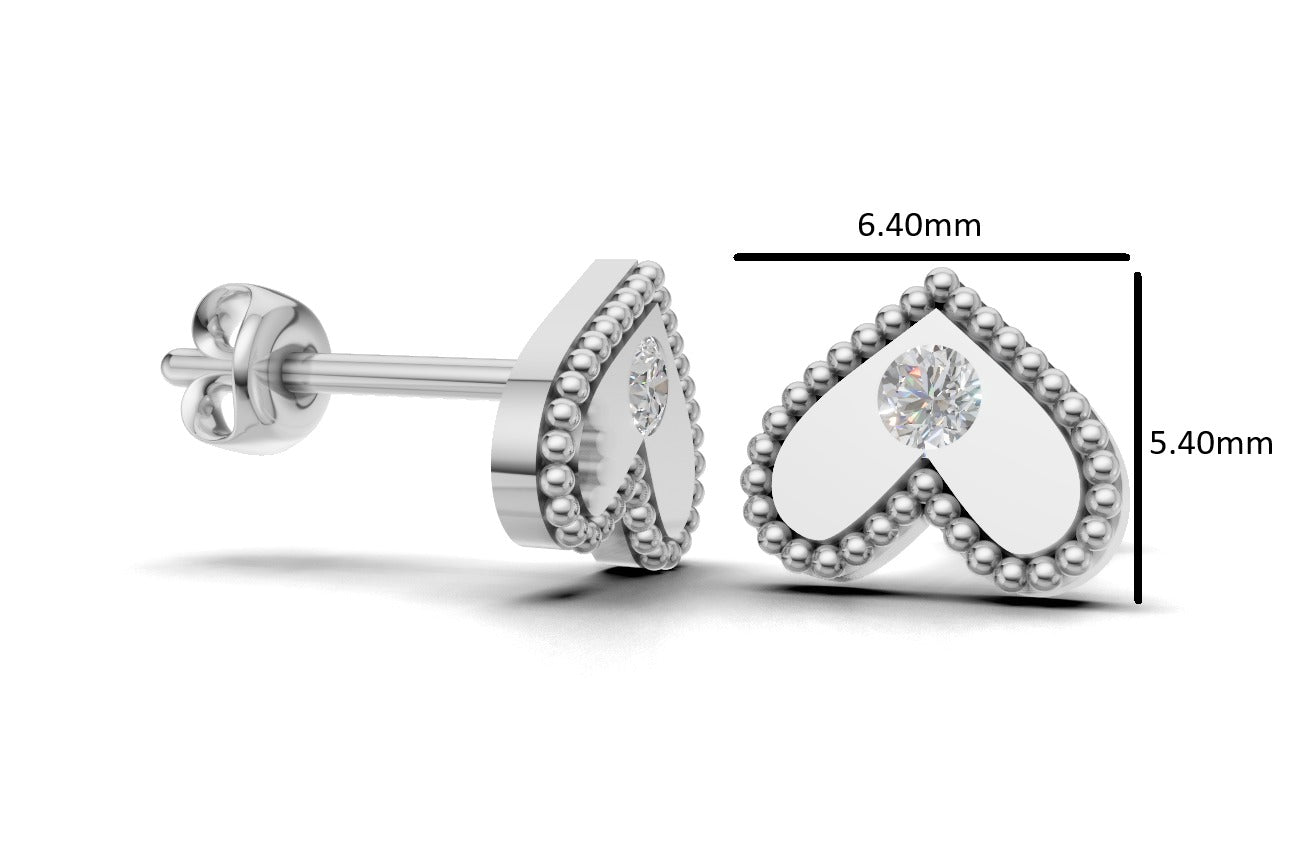 14k Gold Earrings Heart with 2 Diamonds, "STT: Bezel", Filigree, Push Back