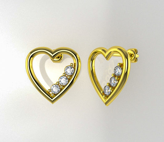 14K Gold Heart Earrings with 6 Diamonds, "STT: Prong", Push Back