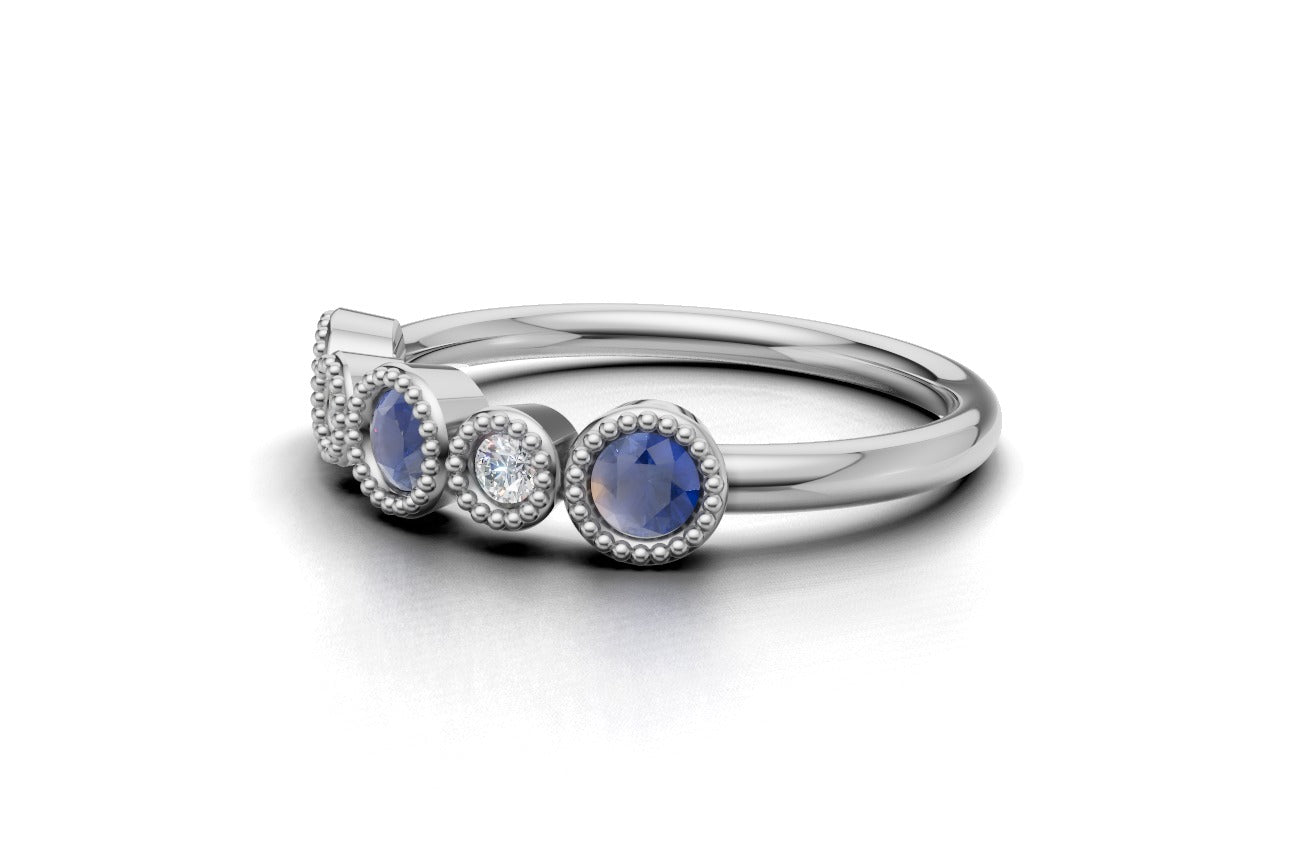 14K Gold Ring with 3 Sapphire and 2 Diamonds, STT: Bezel, Filigree