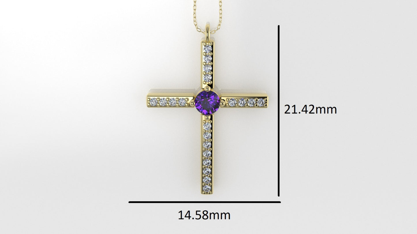 Gold Pendant with 20 Diamond 1mm VS1 each and 1 AMETHYST 3mm, Cross, Only Pendant