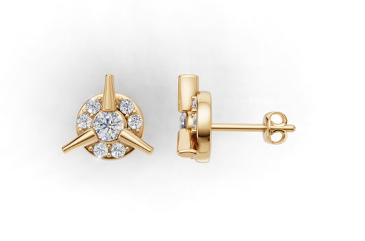 14k Gold Earrings Circle with 14 Diamonds, "STT: Prong and Bezel", Push Back