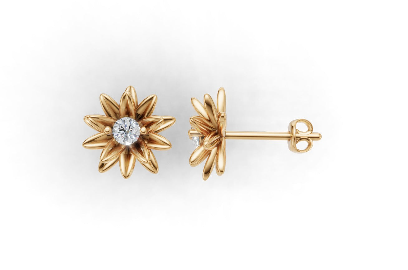14k Gold Earrings Sun with 2 Diamonds, "STT: 2-Prong", Push Back