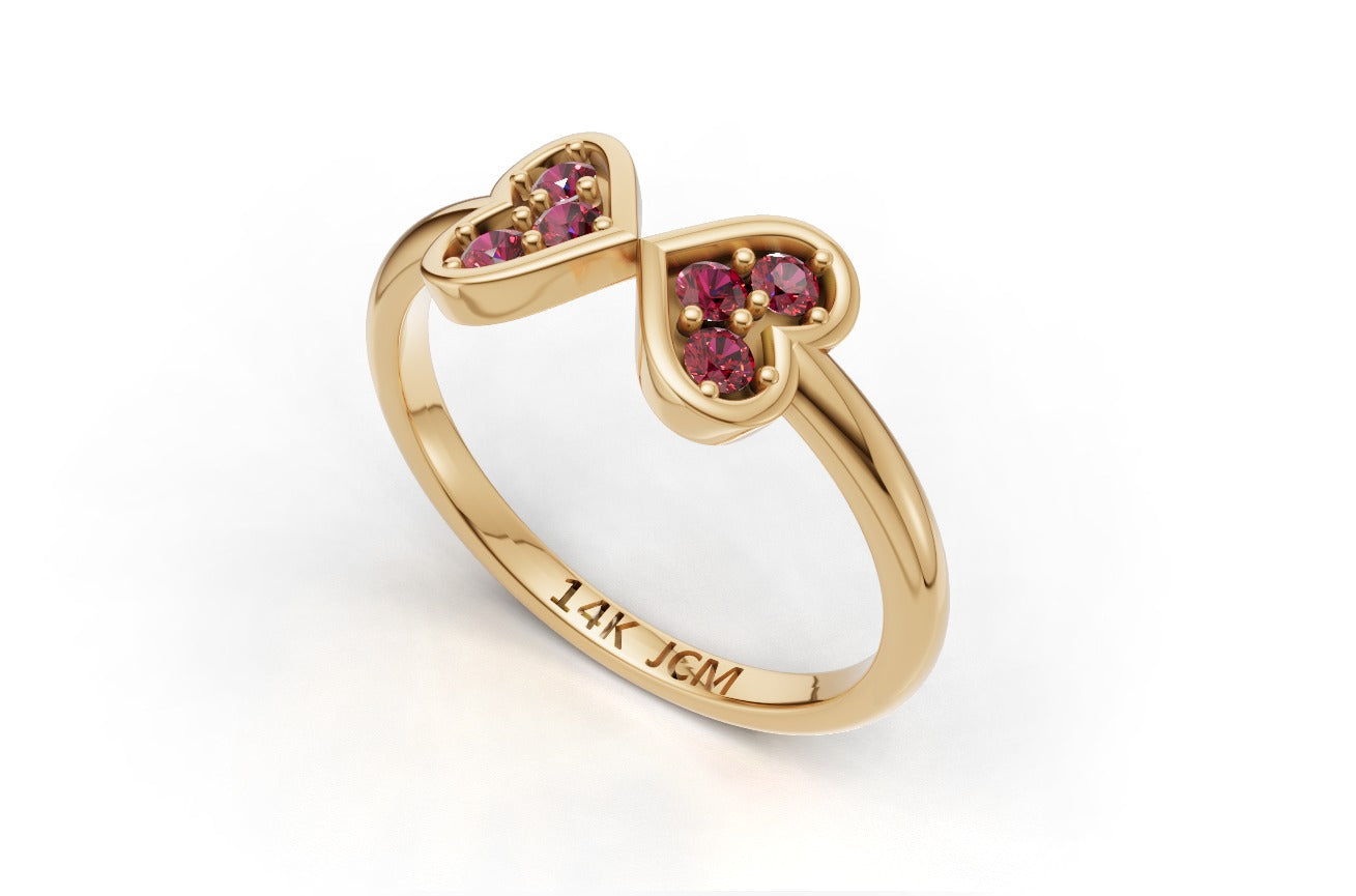 14K Gold Ring Hearts with 6 Ruby, STT: Prong