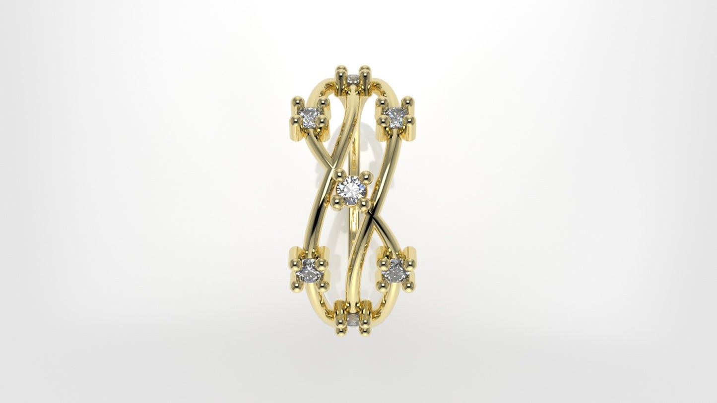 14K gold Ring with 7 MOISSANITE 2mm VS1 each, twisted, stt 4 prong