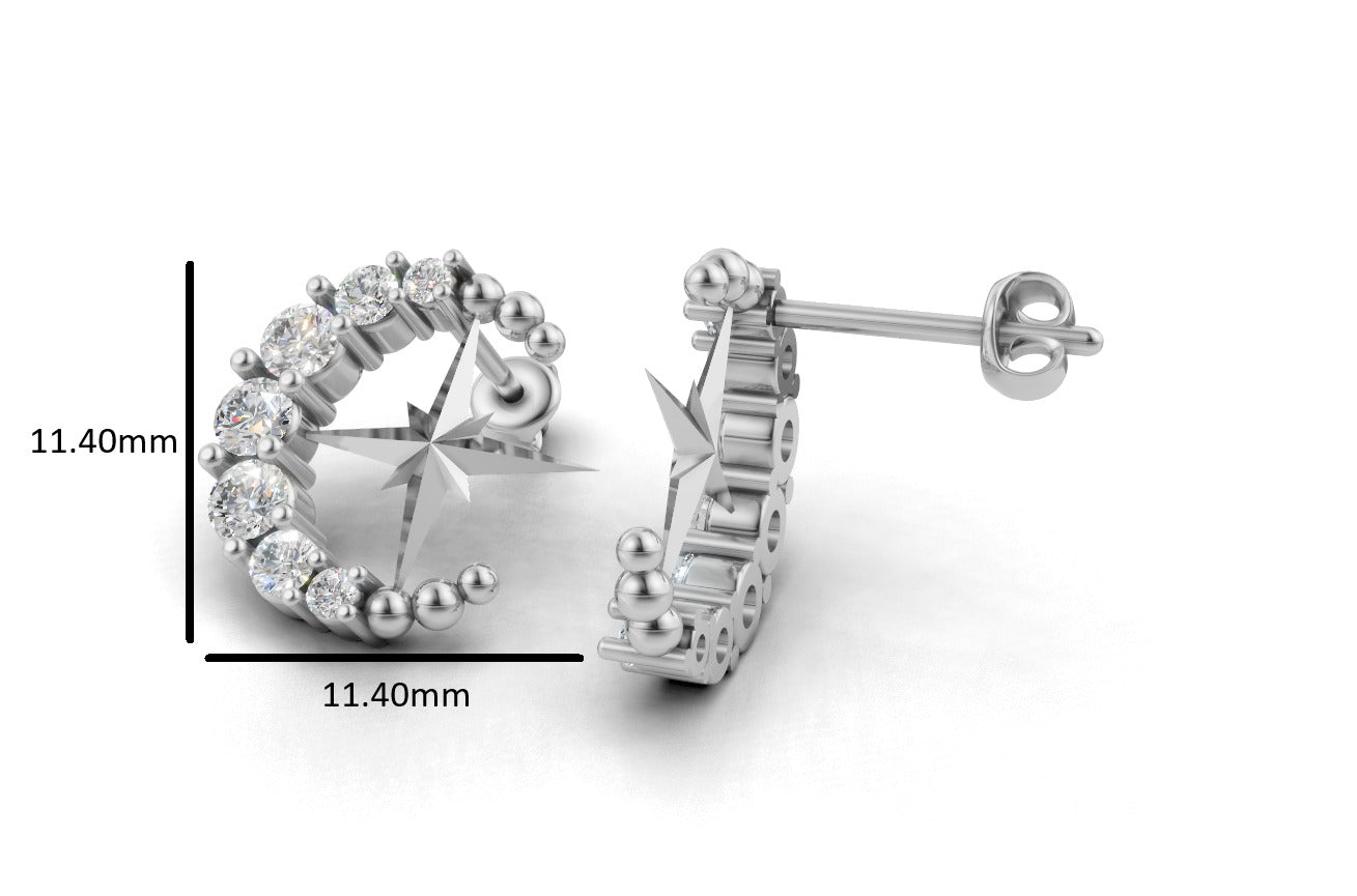 14k Gold Earrings Moon and Star with 14 Diamonds, "STT: Prong", Push Back