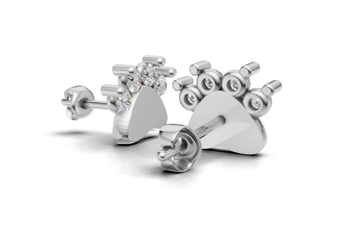14k Dog Paw Earrings with 8 Diamonds, "STT: Prong", Push Back