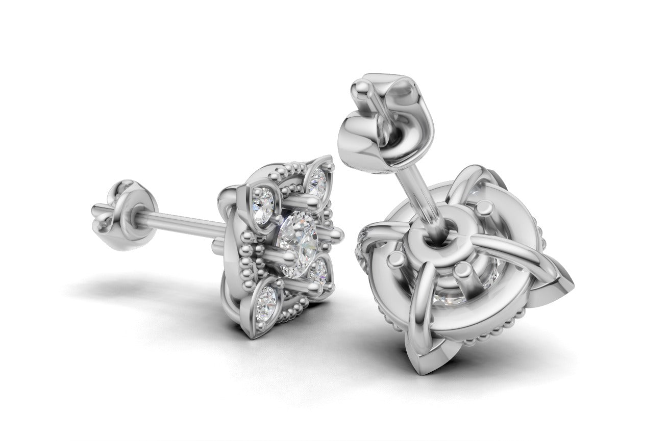 14k Gold Earrings with 10 Diamonds, "STT: Prong", Push Back, Filigree
