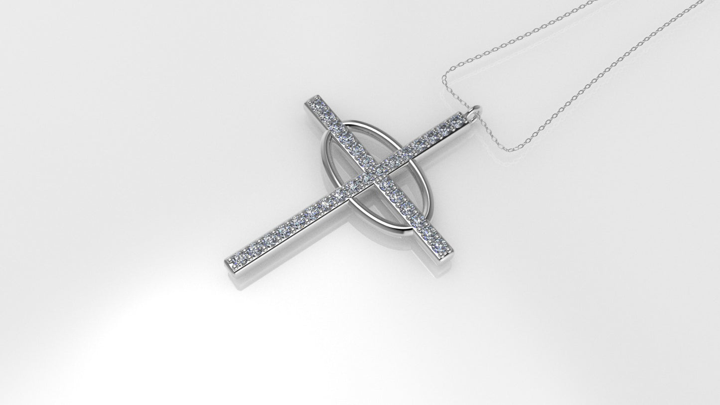 14K Pendant with 29 Diamond 1.2mm VS1 each, Only Pendant, "Cross and oval with Prongs"