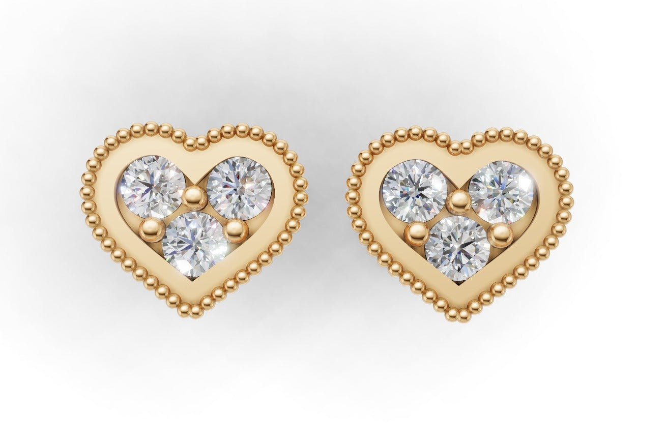 14k Gold Earrings Heart with 6 Diamonds, "STT: 3-Prong and Bezel", Push Back, Filigree