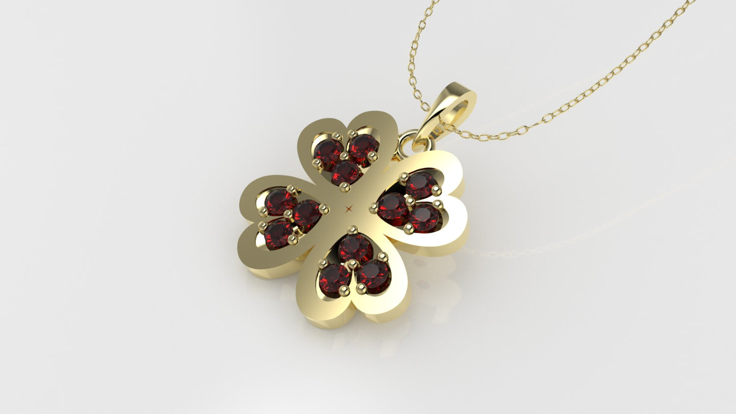 Gold Pendant with 12 RUBY 1.3 mm each, Only Pendant, " four Hearts with 2 Prongs"