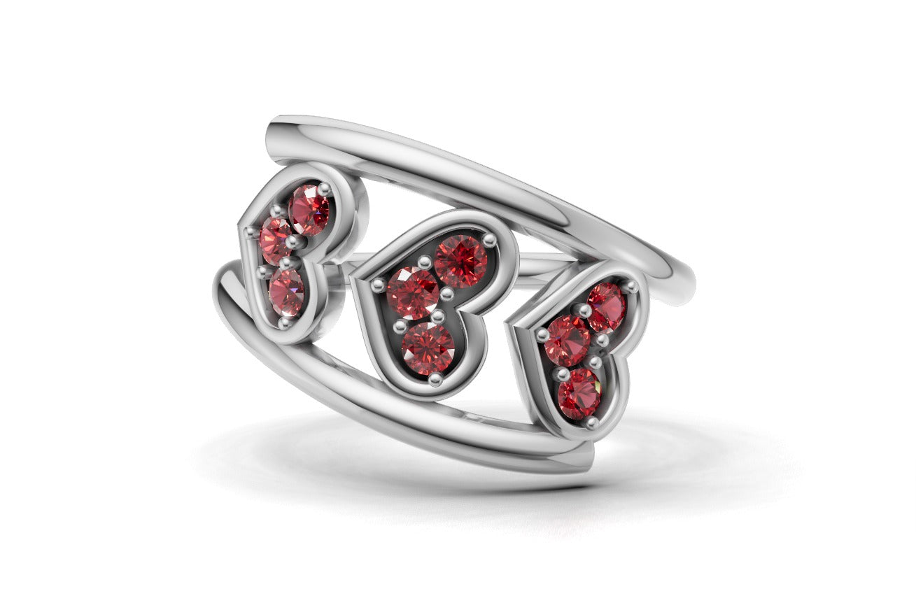 14K Gold Ring Hearts with 9 Ruby, STT: Prong