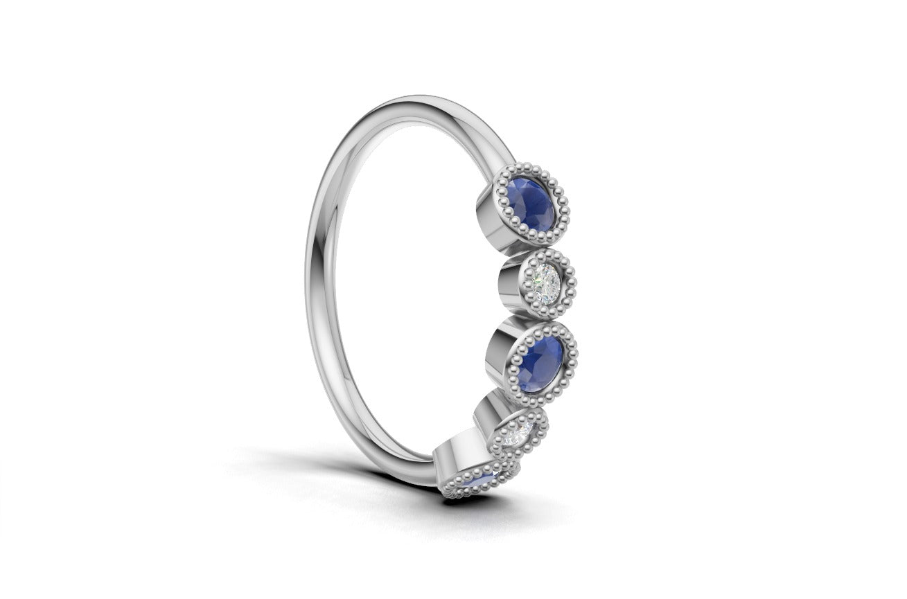 14K Gold Ring with 3 Sapphire and 2 Diamonds, STT: Bezel, Filigree