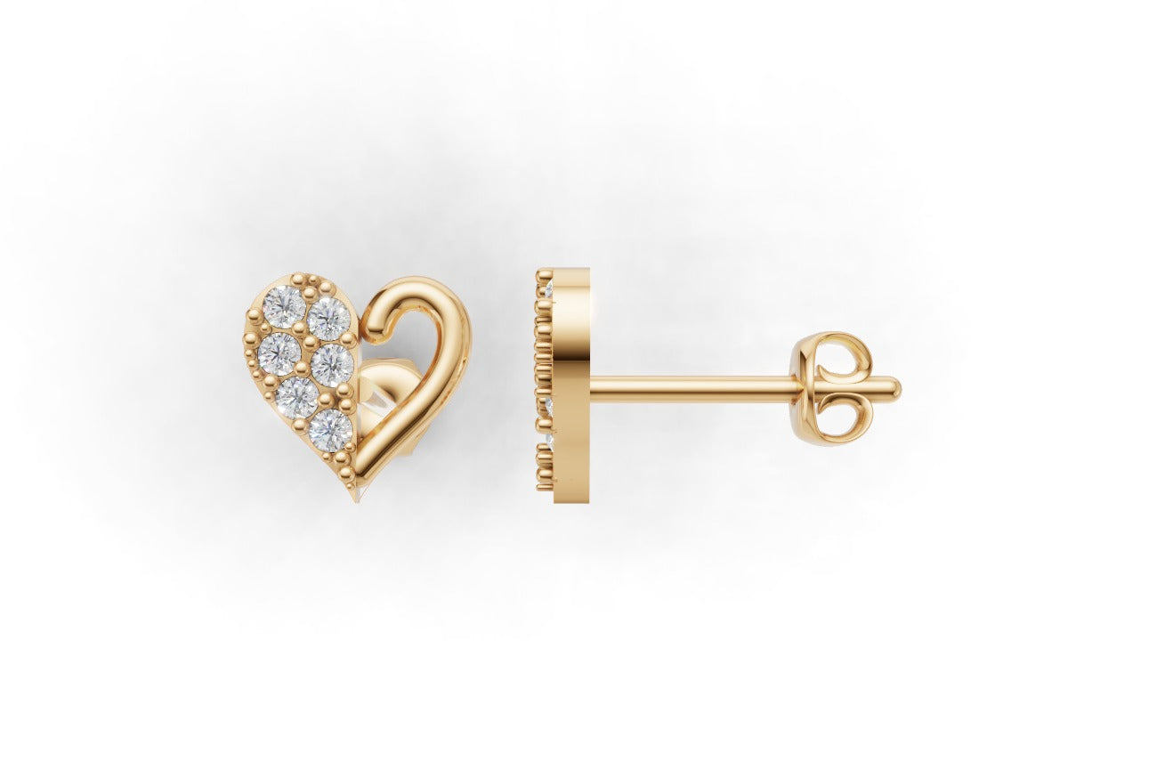 14k Gold Earrings Hearts with 12 Diamonds, "STT: Prong", Push Back