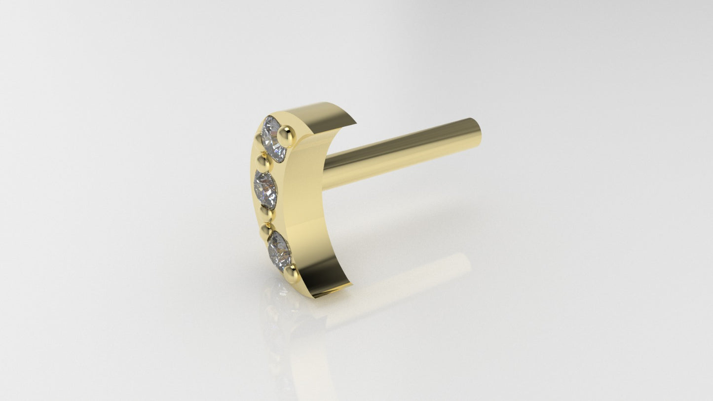 14K Ear Piercing with 3 Diamonds, Moon with prongs