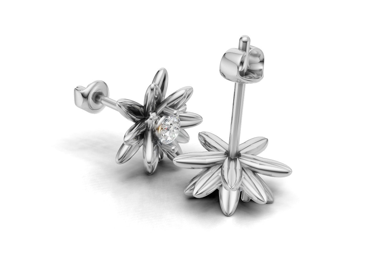 14k Gold Earrings Sun with 2 Diamonds, "STT: 2-Prong", Push Back