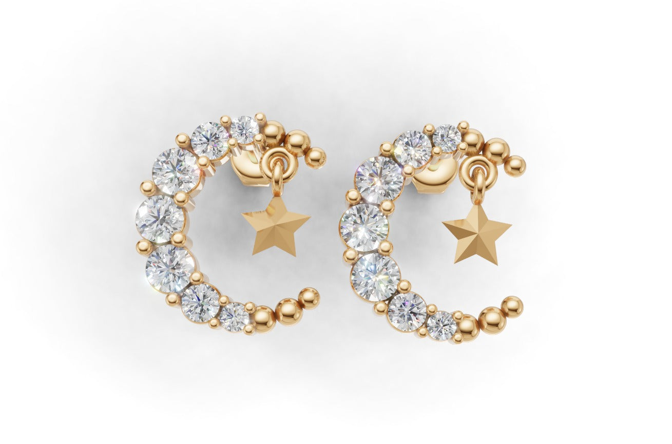 14k Gold Moon and Star Earrings with 14 Diamonds, "STT: Prong", Push Back