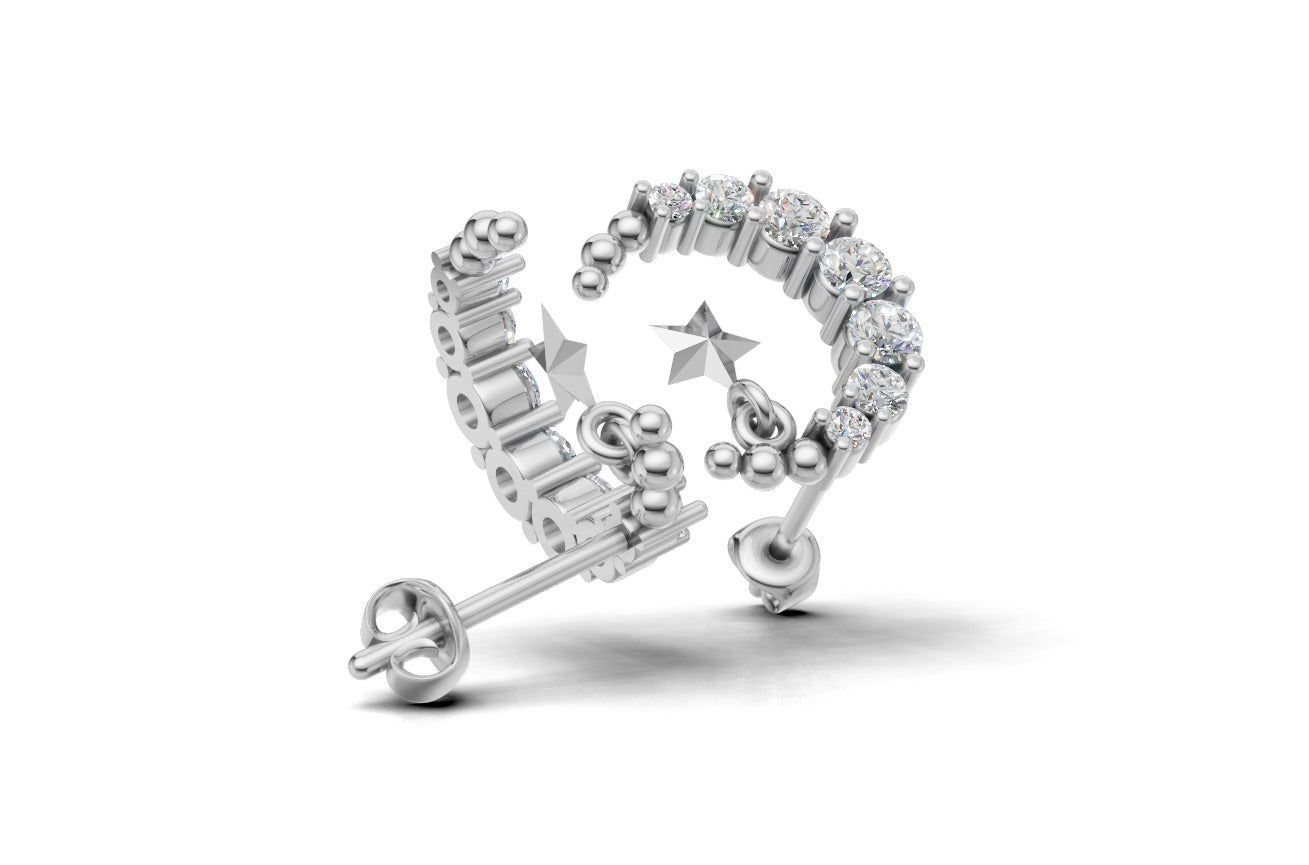 14k Gold Moon and Star Earrings with 14 Diamonds, "STT: Prong", Push Back