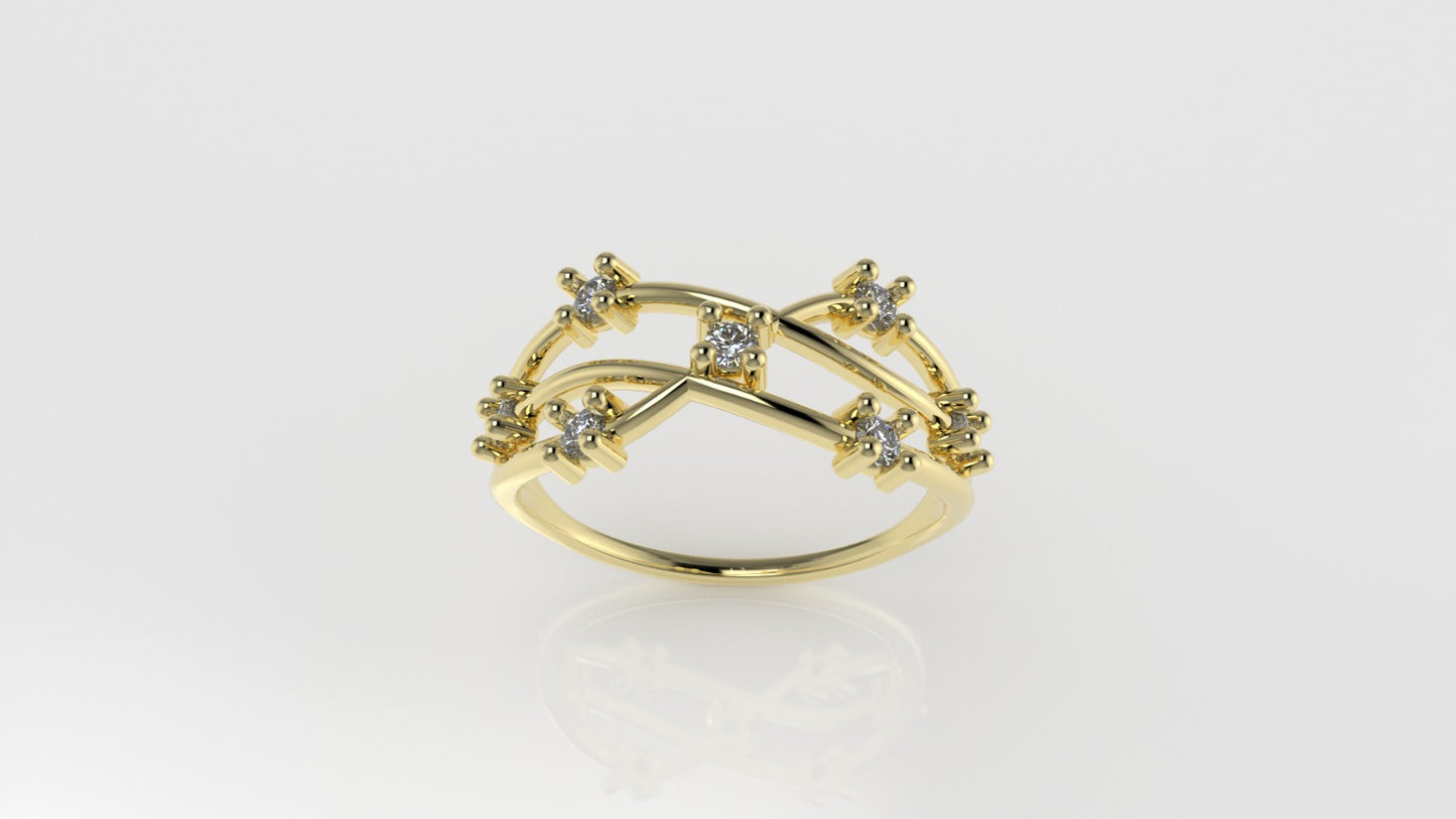 14K gold Ring with 7 MOISSANITE 2mm VS1 each, twisted, stt 4 prong