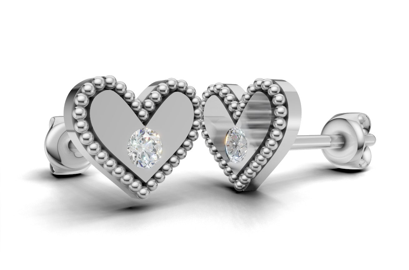14k Gold Earrings Heart with 2 Diamonds, "STT: Bezel", Filigree, Push Back