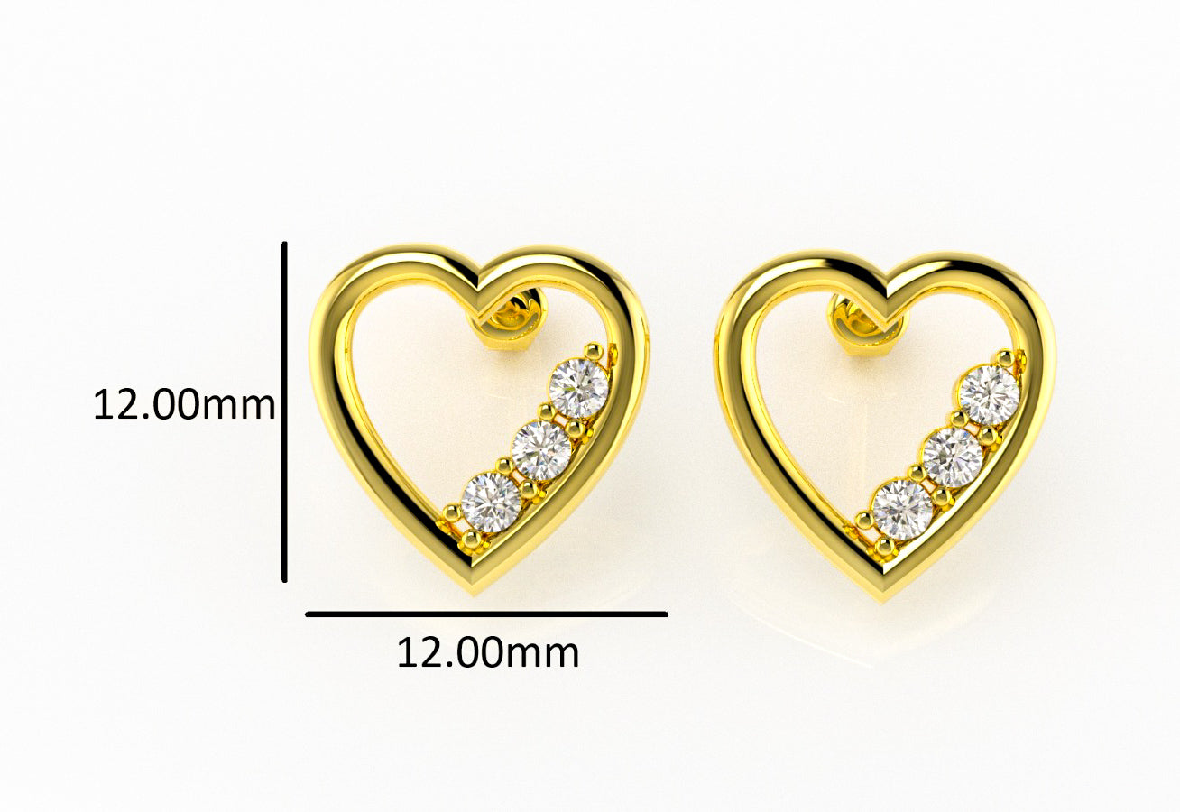 14K Gold Heart Earrings with 6 Diamonds, "STT: Prong", Push Back