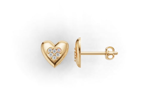14k Gold Earrings Heart with 12 Diamonds, "STT: Prong", Push Back