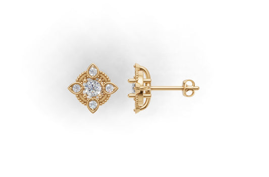 14k Gold Earrings with 10 Diamonds, "STT: Prong", Push Back, Filigree