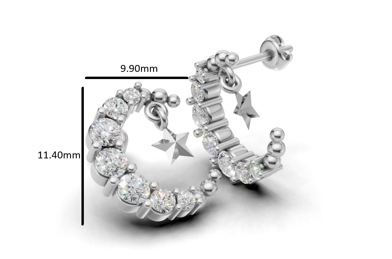 14k Gold Moon and Star Earrings with 14 Diamonds, "STT: Prong", Push Back
