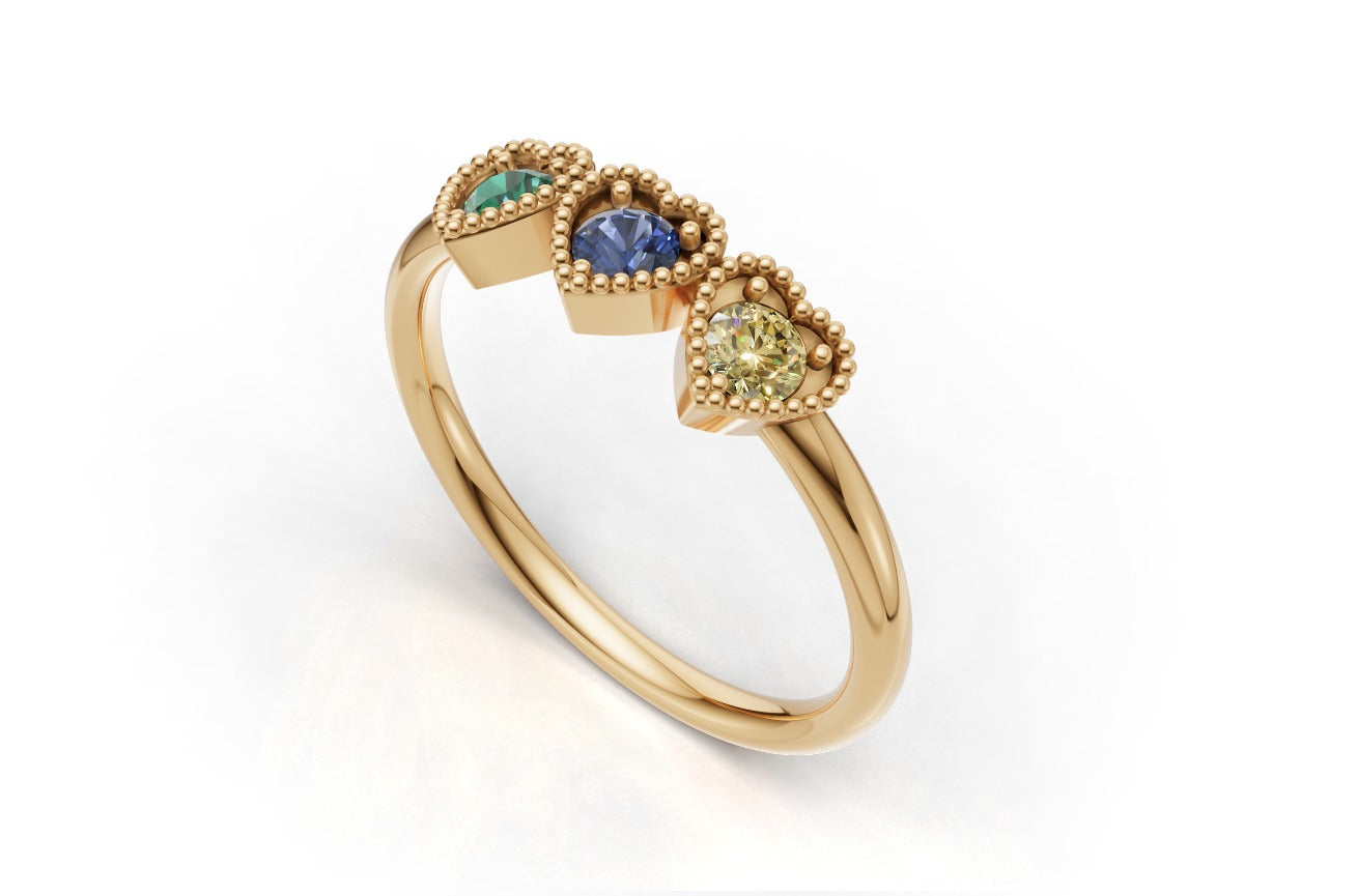 14K Gold Ring Heart with 3 Stones, STT: 3-Prong, Filigree