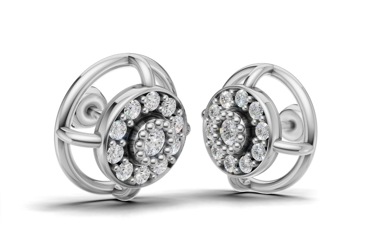 14K Gold Earrings Circle with 22 Diamonds, "STT: Prong and Bezel", Push Back, Filigree