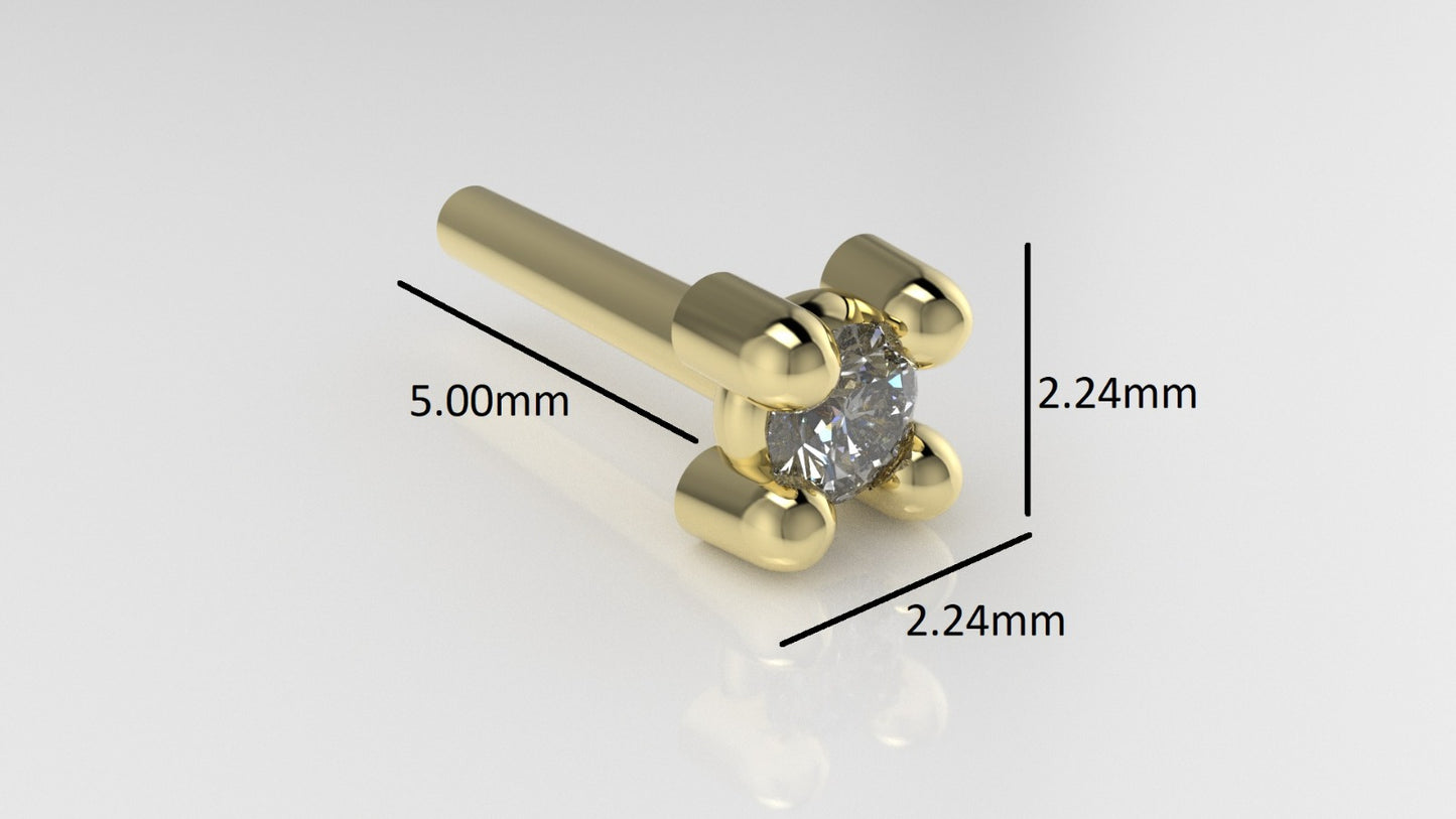 14K Ear Piercing with 1 Diamond 1.5mm, 4 Prongs