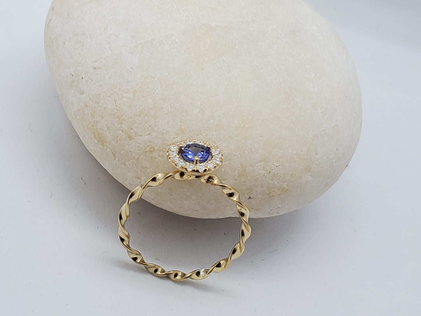 14k Yellow Gold Ring, Eternity Band, with Tanzanite Stone and 14 Moissanite