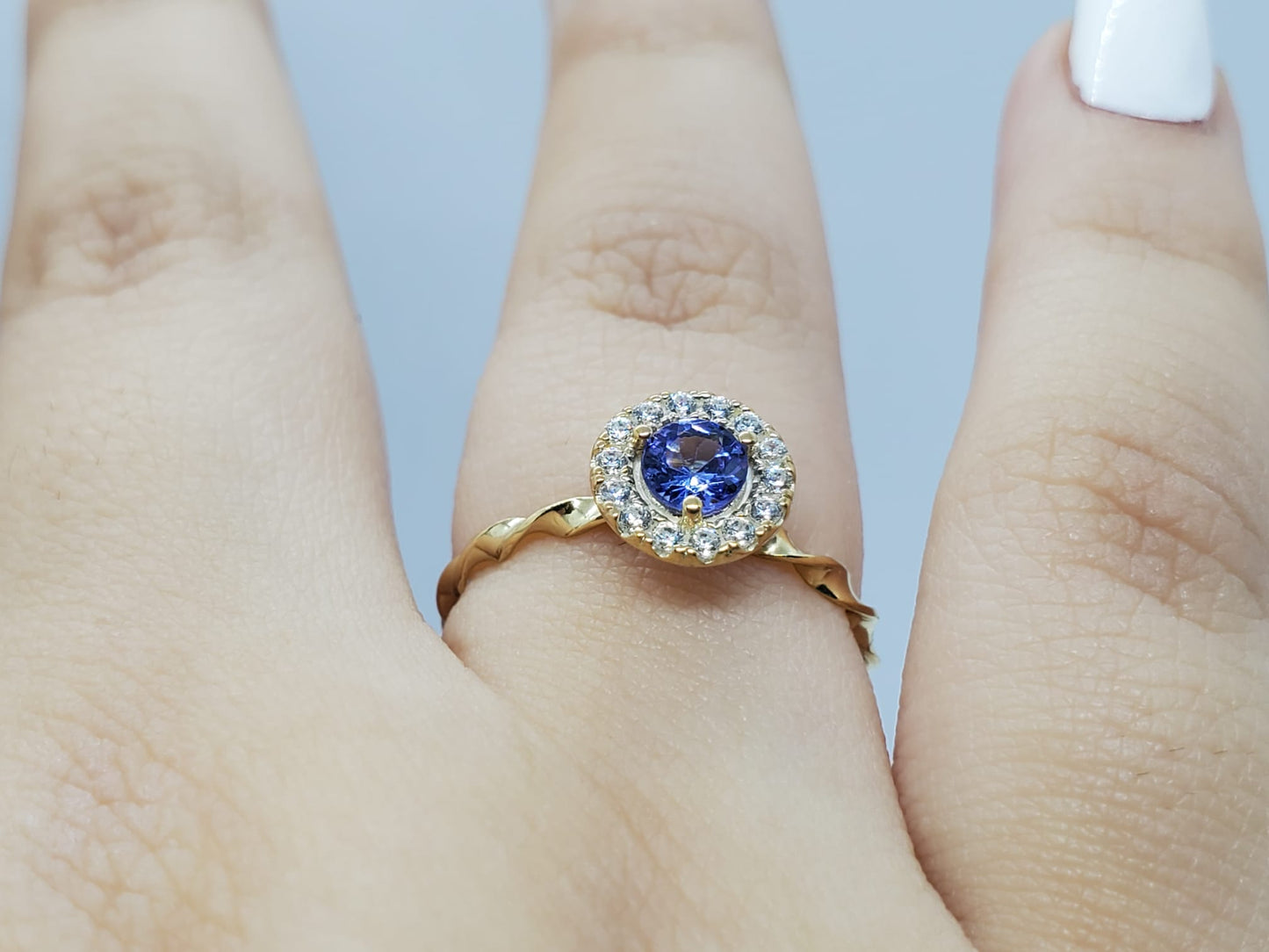 14k Yellow Gold Ring, Eternity Band, with Tanzanite Stone and 14 Moissanite