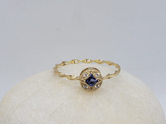 14k Yellow Gold Ring, Eternity Band, with TANZANITE Stone and 4 DIAMONDS 1.5mm