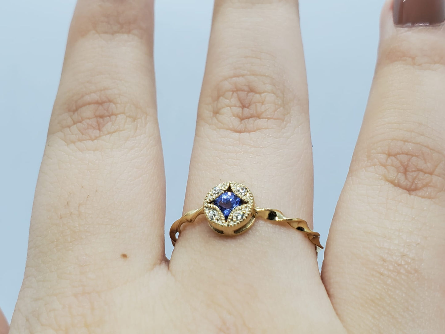 14k Yellow Gold Ring, Eternity Band, with Tanzanite Stone and 4 Moissanite 1.5mm