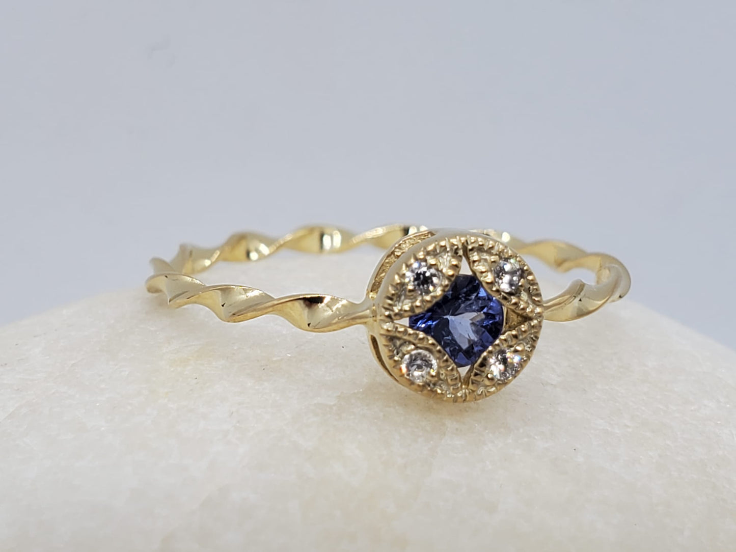 14k Yellow Gold Ring, Eternity Band, with Tanzanite Stone and 4 Moissanite 1.5mm