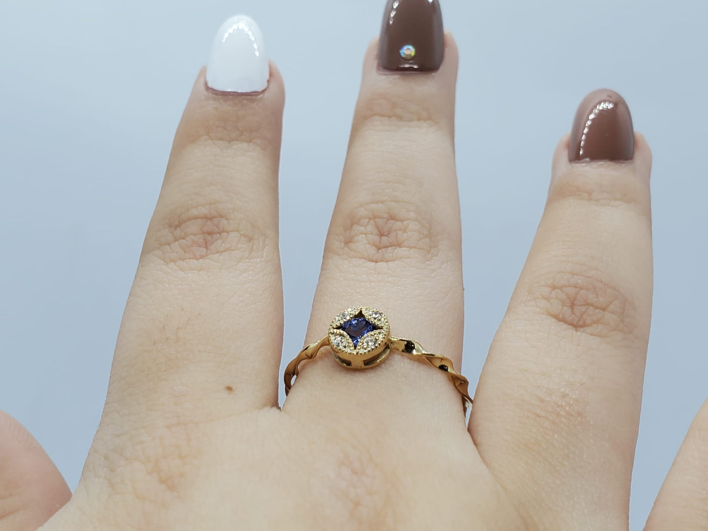 14k Yellow Gold Ring, Eternity Band, with Tanzanite Stone and 4 Moissanite 1.5mm